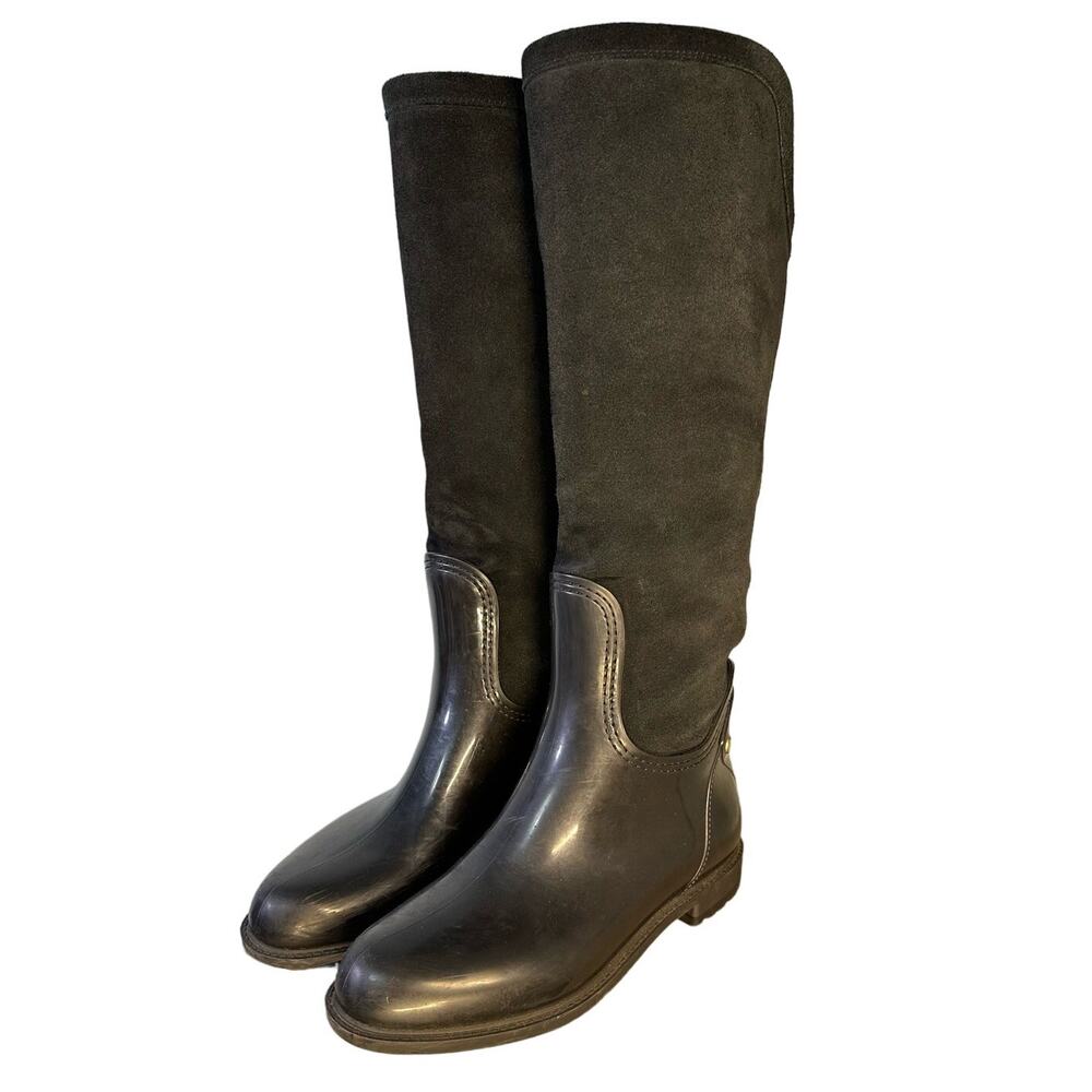 Menghi Italian Suede Leather & Rubber Rain Riding Tall Boots - Black, Size 35